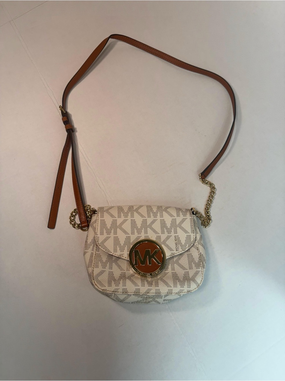 Michael Kors Cream/Tan MK Logo Small Crossbody Bag